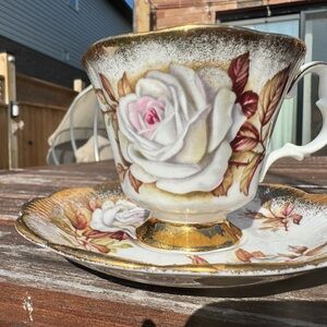 Royal Albert Gold and White Rose Teacup and Saucer Set